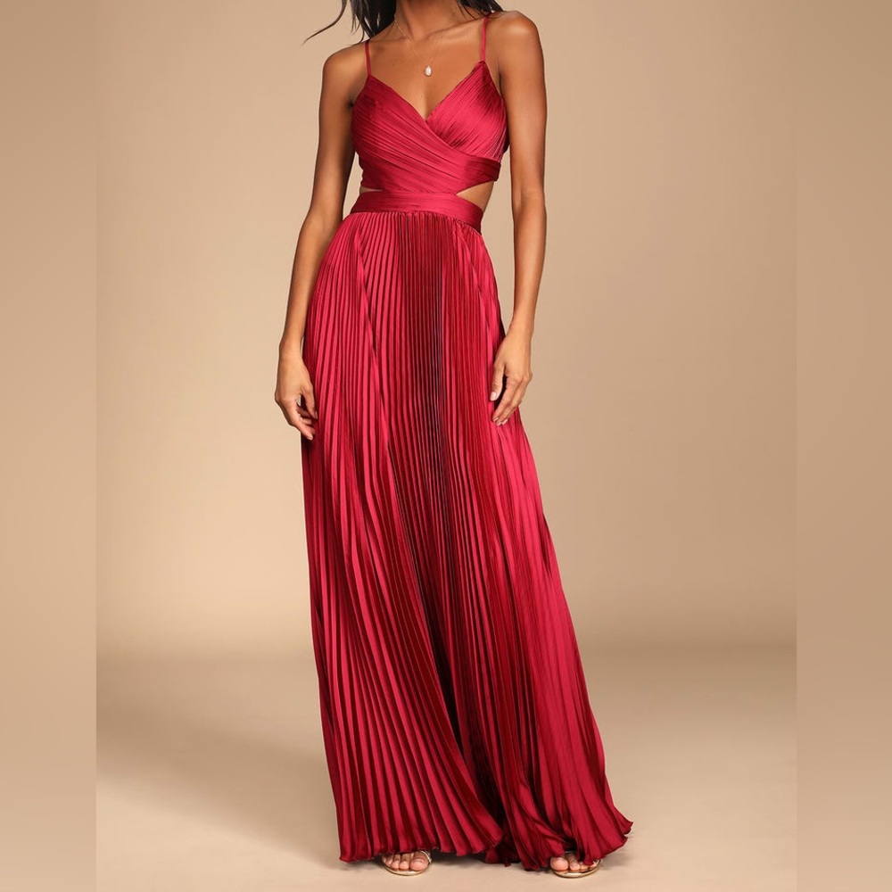 Lulu’s Got The Glam Wine Red Pleated Cutout Maxi Dress